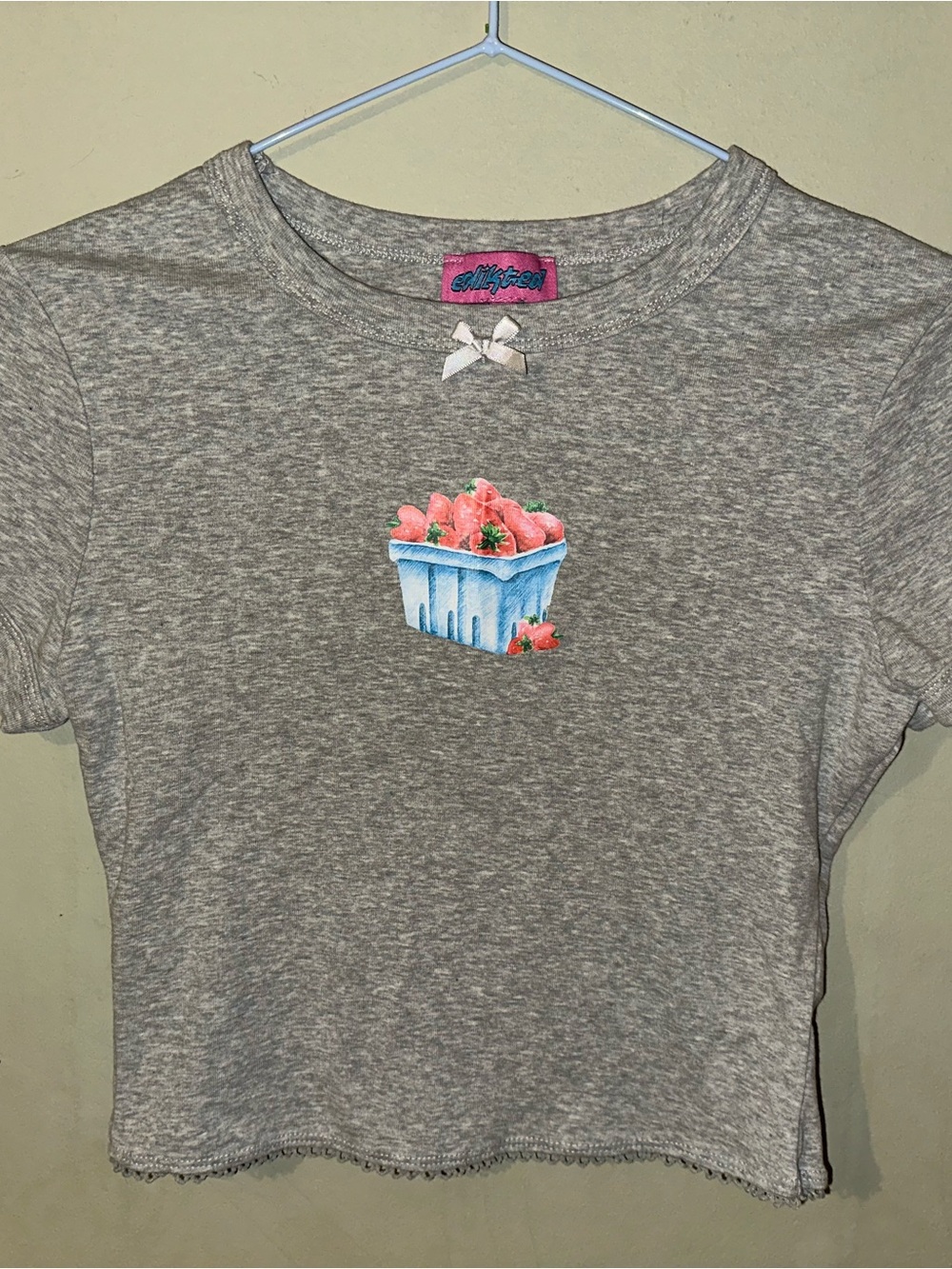 Edikted Gray Baby Tee with Strawberry Basket Graphic